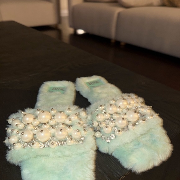 Jeffrey Campbell Mint Faux Fur Pearl-Embellished Slide Mules